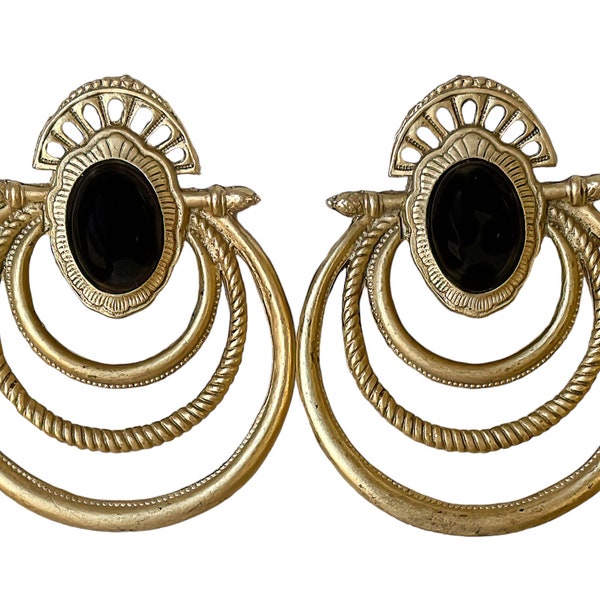 1980s Matte & Rope Pattern Gold Plate Faux Onyx Cabochons Vintage Retro Egyptian Oversized Triple Hoop Open Design Clip Earrings