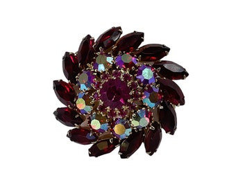 1960s Delizza & Elster Dark Red Glass Aurora Borealis Rhinestones Vintage Circular Domed Julianna MCM Brooch Pin