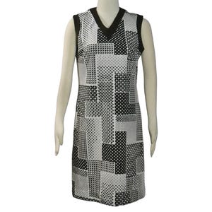 1970s Honeycomb Brand White Dark Brown Polyester Vintage Mod Diamond & Square Geometric Print Sleeveless Sheath Dress