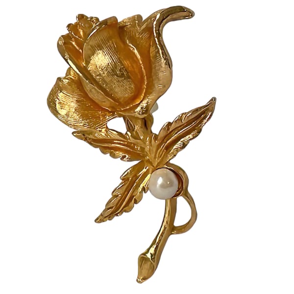 1990s Gold Plate Creamy White Faux Glass Pearl Vintage Blooming Rose Flower Figural Floral Motif Pin Brooch