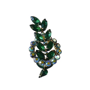 1960s Emerald Green Marquise & Aurora Borealis Round Rhinestones Gold Plated Vintage Large Dazzling Statement Leaf MCM Figural Brooch Pin