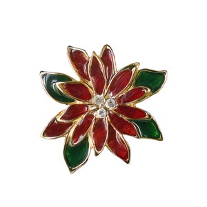 1990s Red & Green Enameled Gold Plate  Rhinestones Vintage Christmas Poinsettia Holiday Flower Figural Pin Brooch