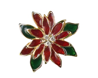 1990s Red Satin Finish Enameled Gold Plate White & Amber Rhinestones Vintage Christmas Poinsettia Holiday Flower Pin Brooch