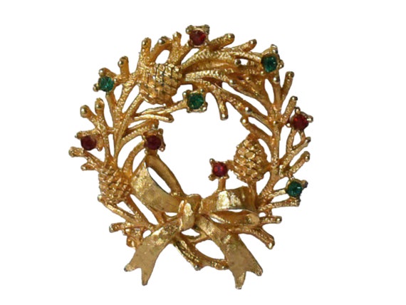 1970s Gold Plated Red & Green Rhinestones Vintage… - image 3