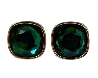 1980s Signed SAL Faceted Emerald Green Crystal Swarovski Crystal Vintage Rounded Square Gold Plated Retro Deco Geometric Clip Earrings