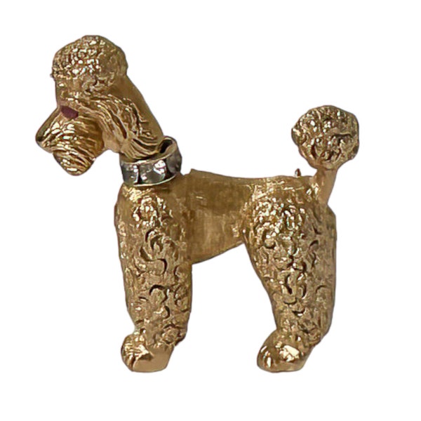 1960s Napier Detailed Textured Gold Plate White Rhinestone Collar Pink Eyes Vintage Articulated Head Poodle Dog MCM Figural Brooch Pin