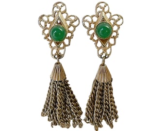 1970s Sarah Coventry Gold Plated Filigree Jade Green Lucite Peking Vintage Drop Dangle Tassel Clip Earrings