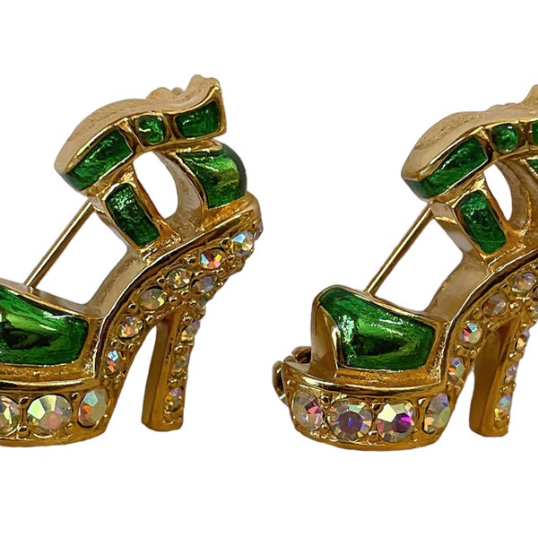 1990s Suzanne Bjontegard Gold Plated Green Enamel & Aurora Borealis Rhinestones Vintage Pair Stiletto Shoe Figural Brooch Scatter Pins