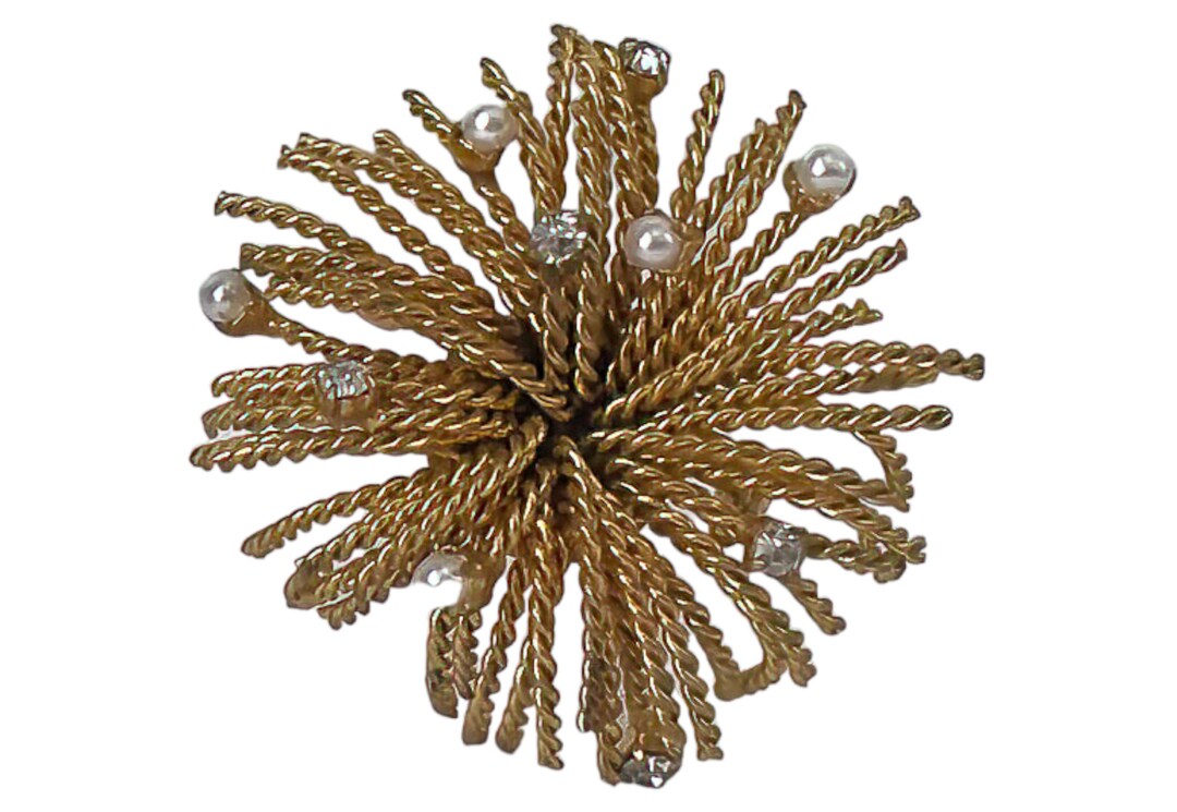 Broche Vintage Signée Pastelli – Dorée, Fleurs 3D Avec Fausses Perles, Occasion, Légères Rayures