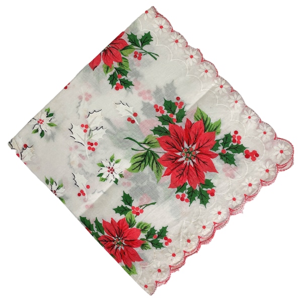 1960s Made in Japan Red Green White Hand Printed Vintage Poinsettias Holly & Berries Christmas Flower Cotton Holiday Handkerchief Hanky