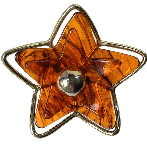 1970s Open Design Gold Plate Simulated Lucite  Vintage Tortoise Shell BIntage Shining Star Mid Century Layered Figural Brooch Pin