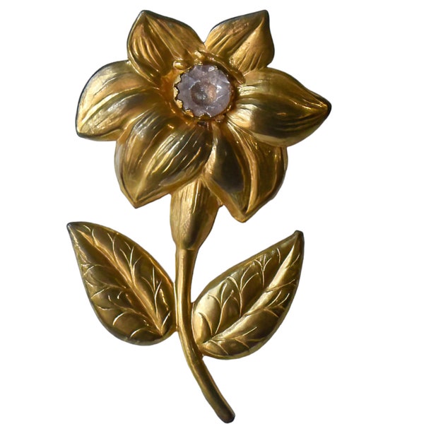 1940s Art Nouveau Embossed Gold Tone with Lucite Rhinestone Oversized Flower Retro Vintage Costume Jewelry Pin Brooch