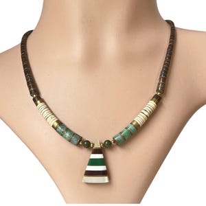 1970s Great Santo Domingo Style Brown & Tan Heishi Bead Multi Inlaid Stone Shell Triangle Pendant Vintage Unisex Tab Choker Necklace