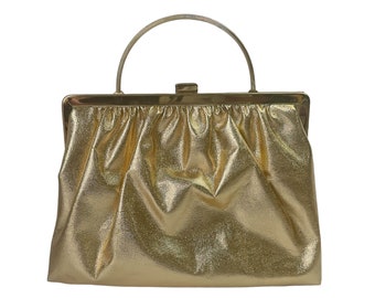 1960s Gold Lamé & Gold Plated Metal Top Flip Handle Clutch Handbag Vintage Convertible Clutch Formal Event Evening Bag