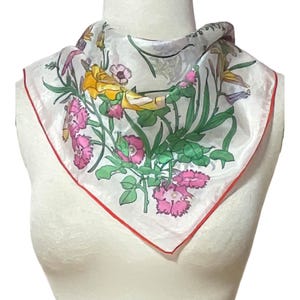 1960s Vibrant Pink & Yellow Blooming Flowers Vintage Semi Sheer Square White Silk Feminine Square Scarf