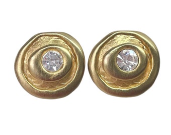 1980s Satin Gold Plated & White Crystal Rhinestones Vintage Asymmetrical Circular Geometric Modernist Clip Earrings