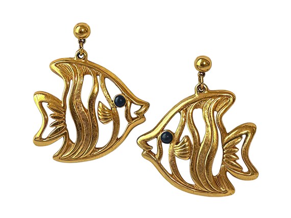 Statement Gold Tone Fish Dangle Stud Earrings Vin… - image 3