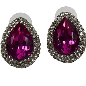 1980s Hot Pink & White Faceted Rhinestones Silver Tone Tear Drop Vintage Post Back Pierced Earrings