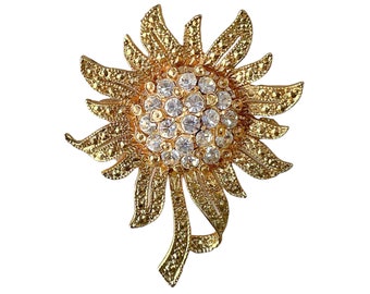 1980s Textured Gold Plate White Rhinestone Vintage Blooming Sunflower Figural Floral MCM Style Brooch Pin