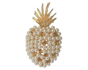 1990s Ivana Gold Plate Faux Pearls Orange Rhinestone Vintage Pineapple Mid Century Style Figural Fruit Pin Brooch Pendant