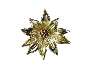 1960s Signed AS Gold Plated Red Rhinestone Christmas Poinsettia Vintage Mid Century Oversized Holiday Flower Pin Brooch