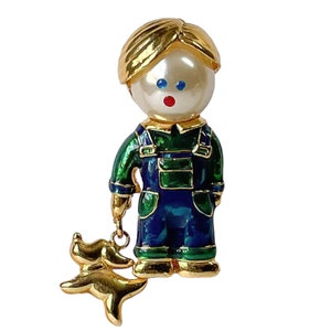 1980s Gold Plated Faux Pearl Blue & Green Enamel Vintage Young Tousled Hair Boy Toddler with Dog Figural Dangle Gift for Mom Pin Brooch