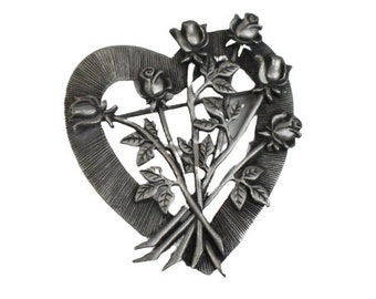 1990s JJ Jonette Jewely Pewter Open Heart & Rose Bouquet Vintage Figural Valentine's Day LOVE Brooch Pin