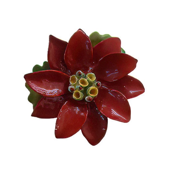 1960s Staffordshire Bone China Cara Red & Yellow Poinsettia Vintage Christmas Flower Figural Porcelain Brooch Pin Made in England