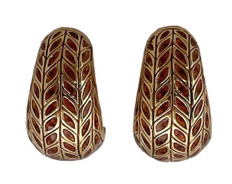 1980s St John Polished Gold Plated Red Brown Enamel Snake Skin Patten Print Vintage Half Hoop Couture Vintage Statement Clip Earrings