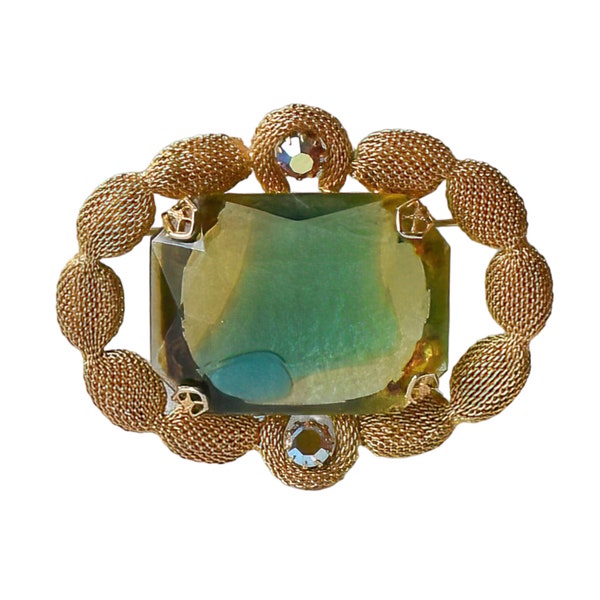 1960s Faceted Art Glass Gold Plated Mesh Aurora Borealis Rhinestones Vintage Rectangular Large Deco Inspired Brooch Pin