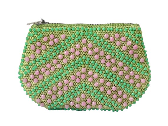 1960s Faceted Pink & Round Green Plastic Beaded V… - image 7