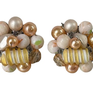 1960s Vintage Beaded Clip On Earrings: Peach & White Lucite, Signed Japan