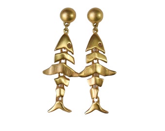 1980s 1990s Anne Klein Brushed Satin Gold Tone Fish Vertebrae Bones Drop Dangle Vintage Couture Designer Runway Chic Pierced Earrings RARE