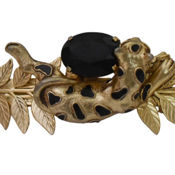 1980s Kirks Folly Gold Plated Jaguar Leopard Cat Faux Black Onyx Vintage Designer Figural Statement Barrette Hair Clip Retired