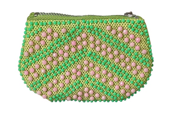 1960s Faceted Pink & Round Green Plastic Beaded V… - image 1