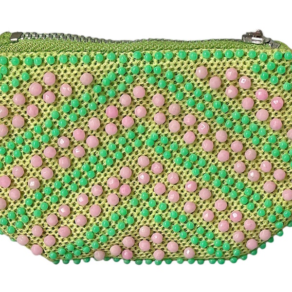 1960s Faceted Pink & Round Green Plastic Beaded Vintage Mod Beaded Coin Change Purse Pouch