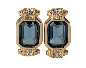 1980s Emerald Cut Sapphire Blue & White Crystal Rhinestones Vintage Gold Plated Retro Art Deco Earrings