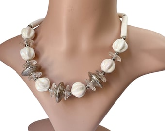 1980s Komatsu Japan Single Strand White Aurora Borealis Ceramic Lucite & Silver Tone Beads Vintage Chunky Choker Necklace