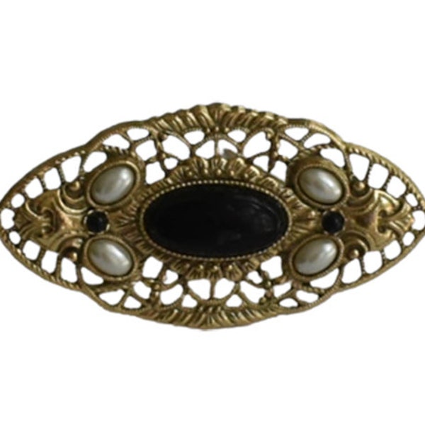 1990s 1928 Jewelry Company Gold Plated Filigree Faux Onyx Pearl Vintage Oblong Retro Victorian Brooch