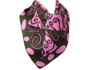 1970s Symphony Made in Italy Pink and Brown Mod Geometric Swirl Pattern Silk Vintage Square Scarf