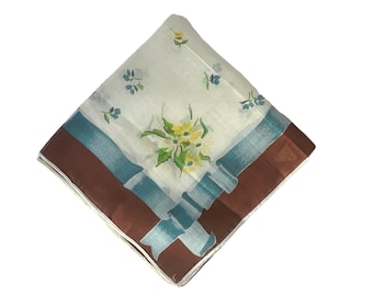 1960s Herrmann Brown Teal Yellow Green White Vintage Blooming Flower Floral Hand Rolled Edge Mid Century Cotton Handkerchief Hanky NOS