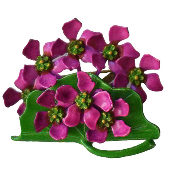 1960s Bright Fuchsia & Green Enameled Metal Violets Leaves Vintage Blooming Flower Floral Motif Figural Eye Popping Pin Brooch