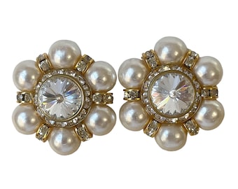 1980s White Crystal Rhinestone Faux Pearls & Gold Plated Rondels Vintage Oversized Captivating Circular Clip Earrings