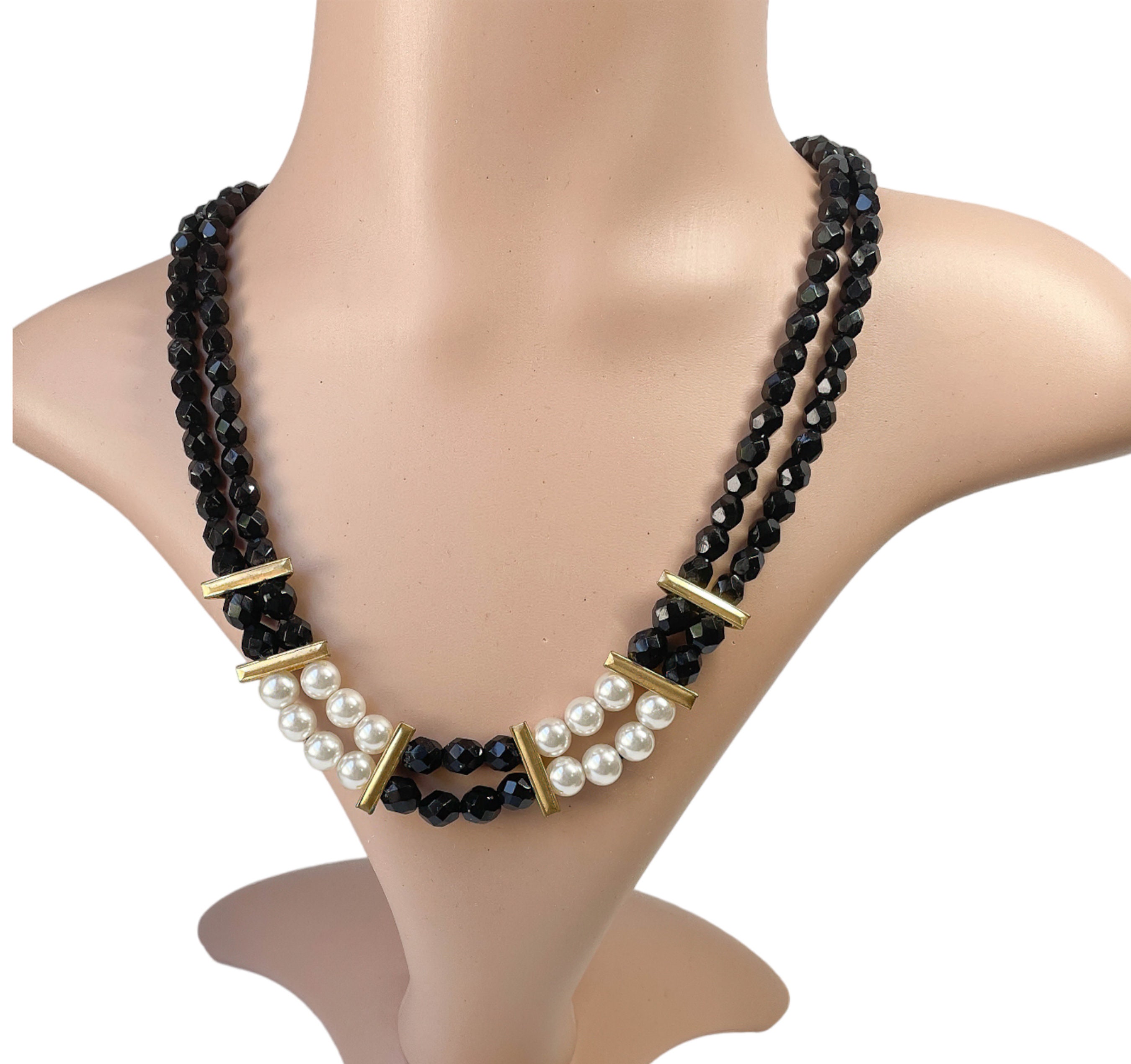 Collier Double Rang Perles Noires à Facettes Irisées - Style XIXe Siècle - Occasion Vintage