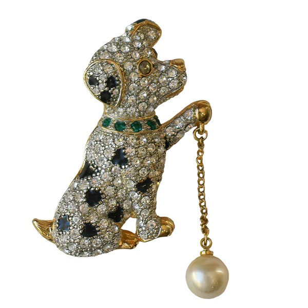 1990s White Pave  & Green Rhinestone Black Enamel Faux Pearl Dalmatian Gold Plated Dog Vintage Figural Dog Puppy Pin Brooch