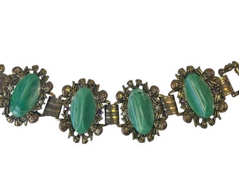 1960s Gold Plate Dimensional Green Cabochons Rhinestone & Pearls Vintage Renaissance Revival Cherub Link Bracelet