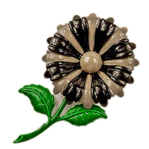 1960s Black Gray and Green Enamel on Metal Mid Century Flower Floral Mod Groovy Vintage Figural Pin Brooch