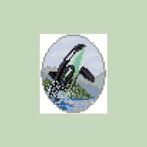 May include: A round, cross-stitch design featuring a black and white orca breaching the water. The orca is set against a backdrop of light blue sky and water, with a hint of green and gray in the background.