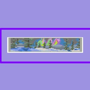 May include: A pixel art image of a winter scene with a snowy forest and a colorful aurora borealis in the sky.