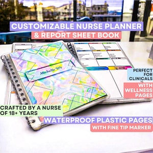 May include: A customizable nurse planner and report sheet book with waterproof plastic pages and a fine tip marker. The cover is a colorful abstract design with the words "Michelle RN" on it. The book is crafted by a nurse with over 18 years of experience.